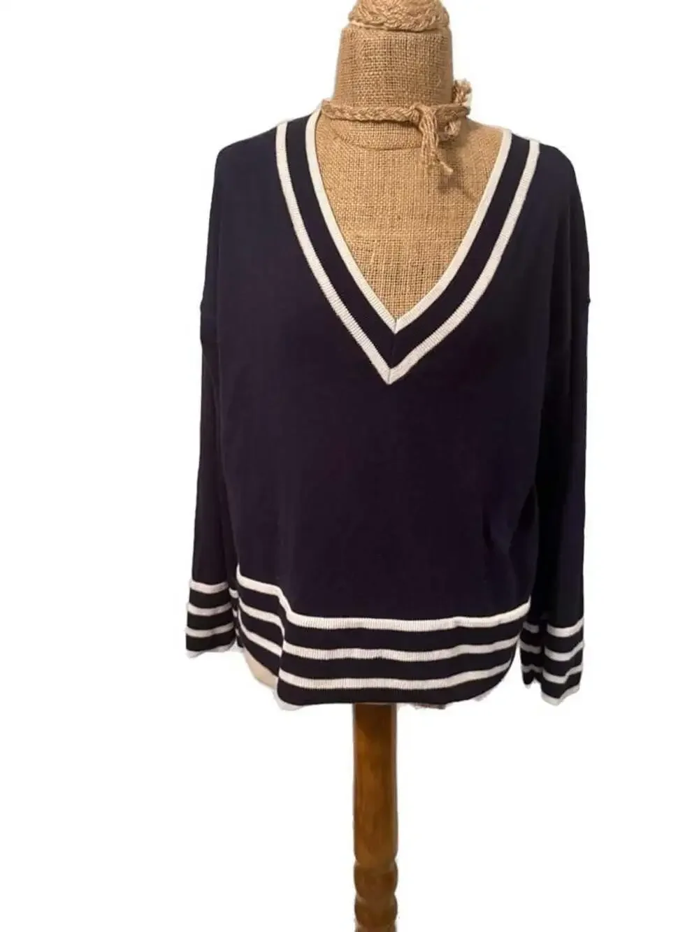 MICHAEL Michael Kors Navy Blue V-Neck Varsity Striped Sweater medium